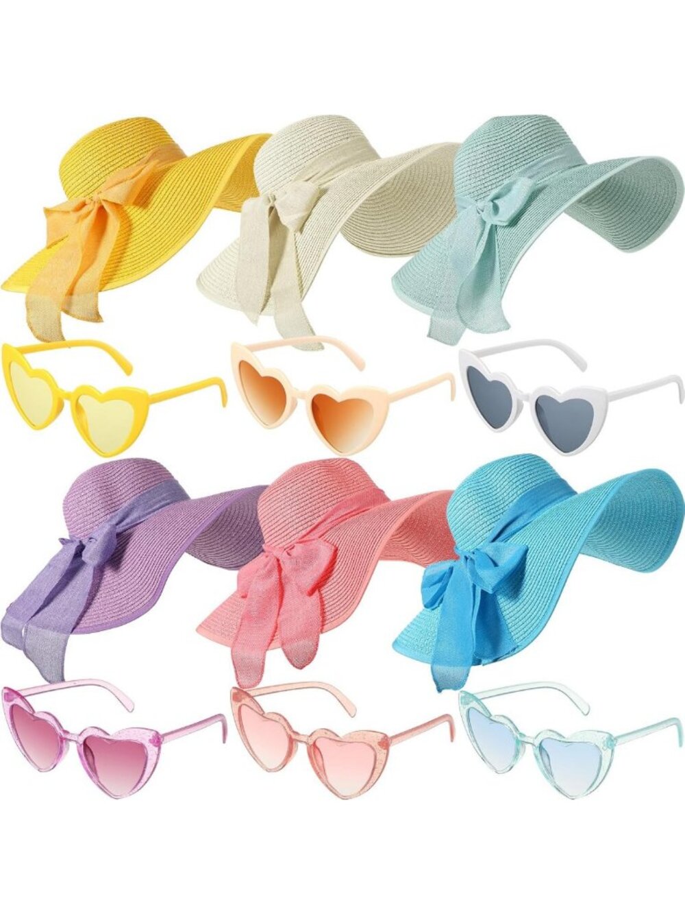 12 Pcs Women's Floppy Sun Hat & Heart Sunglasses Set, Wide Brim Straw Hats for